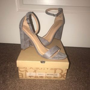 Grey suede strappy chunky heel